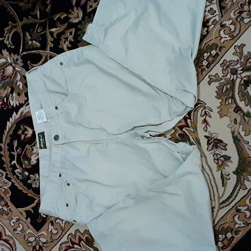 Eddie Bauer light khaki 100% cotton twill crop 5 pocket pants 14 Petite EUC…